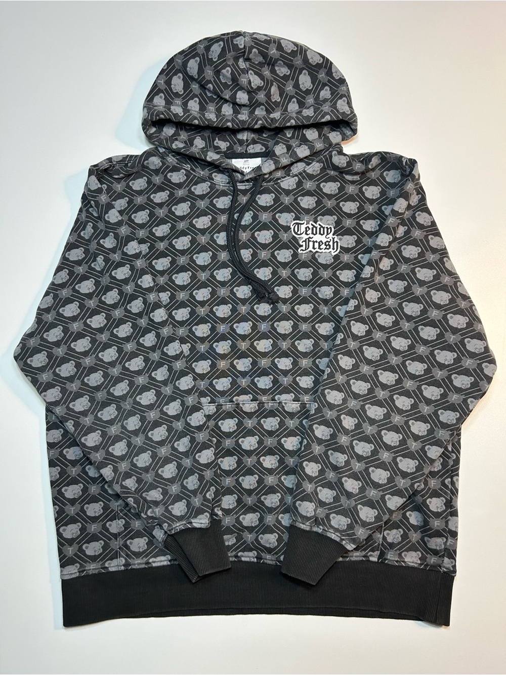 Teddy Fresh Monogram Bear All Over Print Gothic Font Logo Pullover Hoodie Black